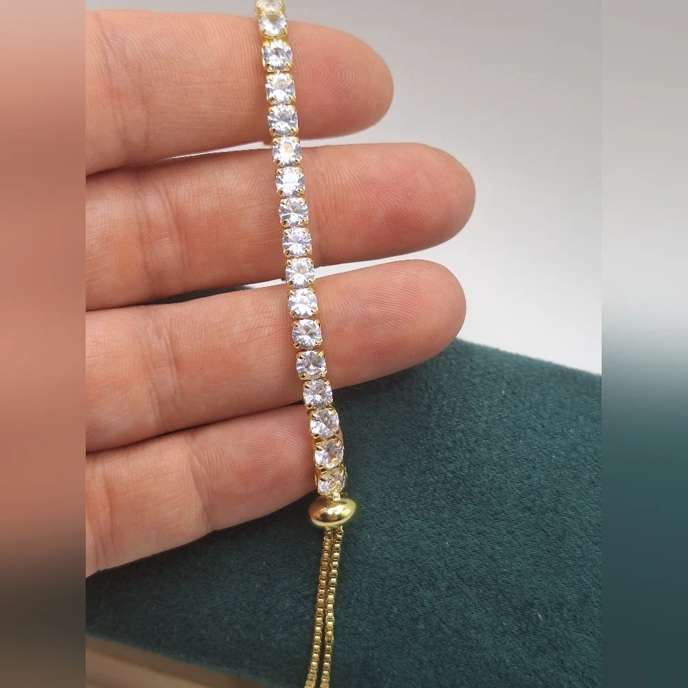 Gold-Tone Swarovski Crystal Adjustable Tennis Bracelet | Slider Style
